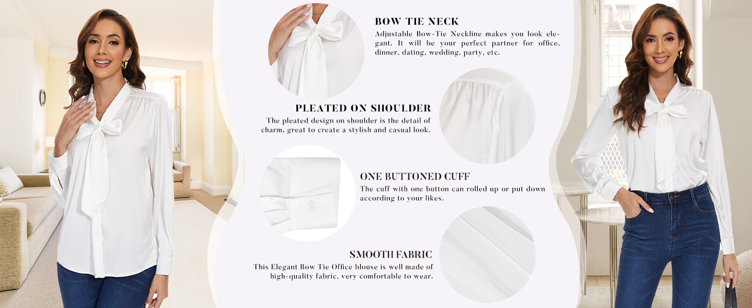 女士缎面衬衫，纯色蝴蝶结，弧形下摆，V 领，袖口，纽扣式女式衬衫