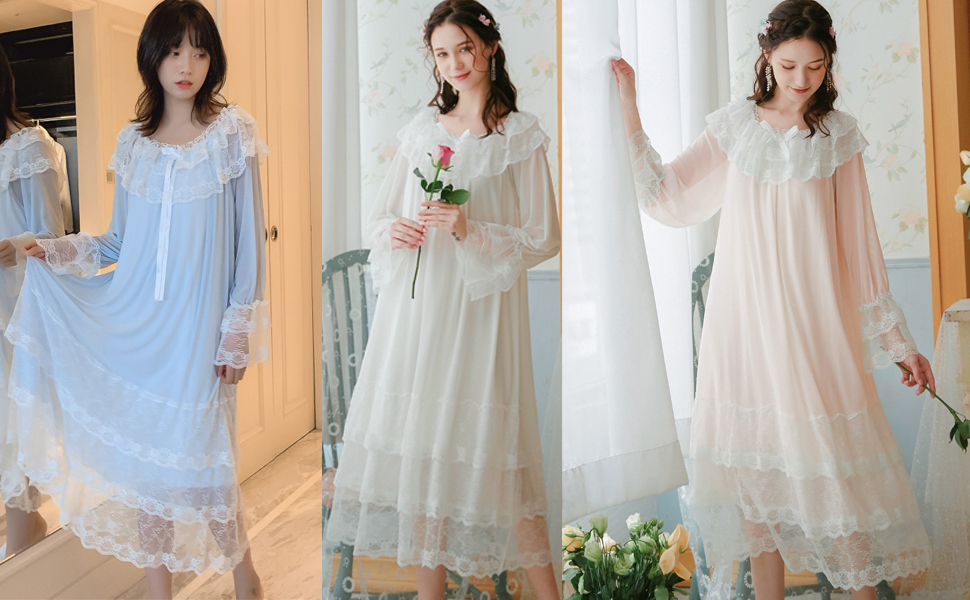  Women's Long-sleeve Mesh Nightdress Princess Vintage Nightgown Lace Sleepwear Pajamas