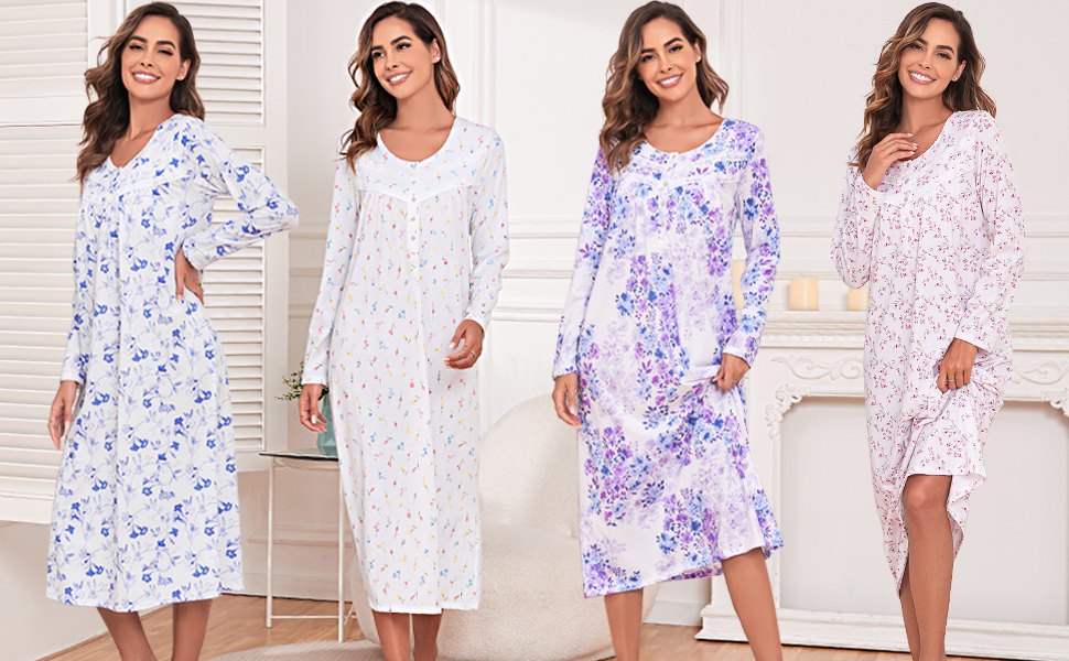 Long cotton nightgown for women long sleeve pajamas